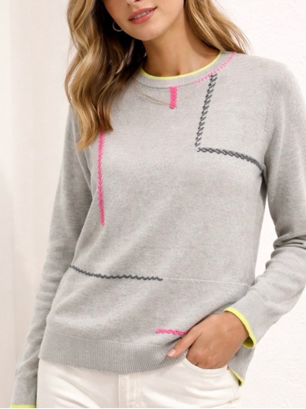 Zaket & Plover Cotton cashmere blend Crew Sweater Neon Pink & Yellow Small